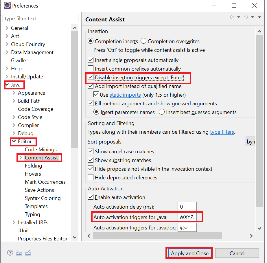 Eclipse settings auto activation trigger for java