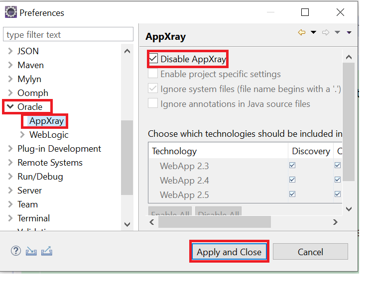 Eclipse settings for disable AppXray