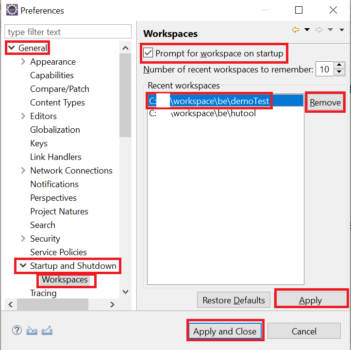 Eclipse settings for remove recent workspace