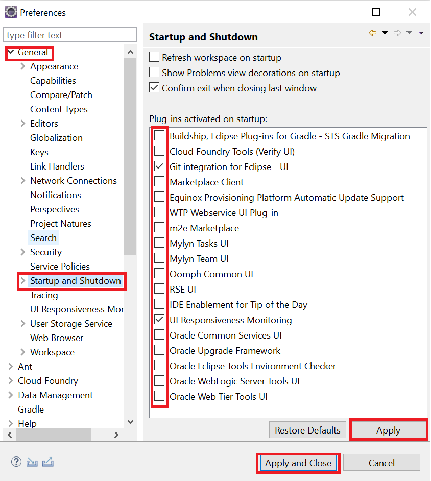 Eclipse settings for Startup and Shutdown