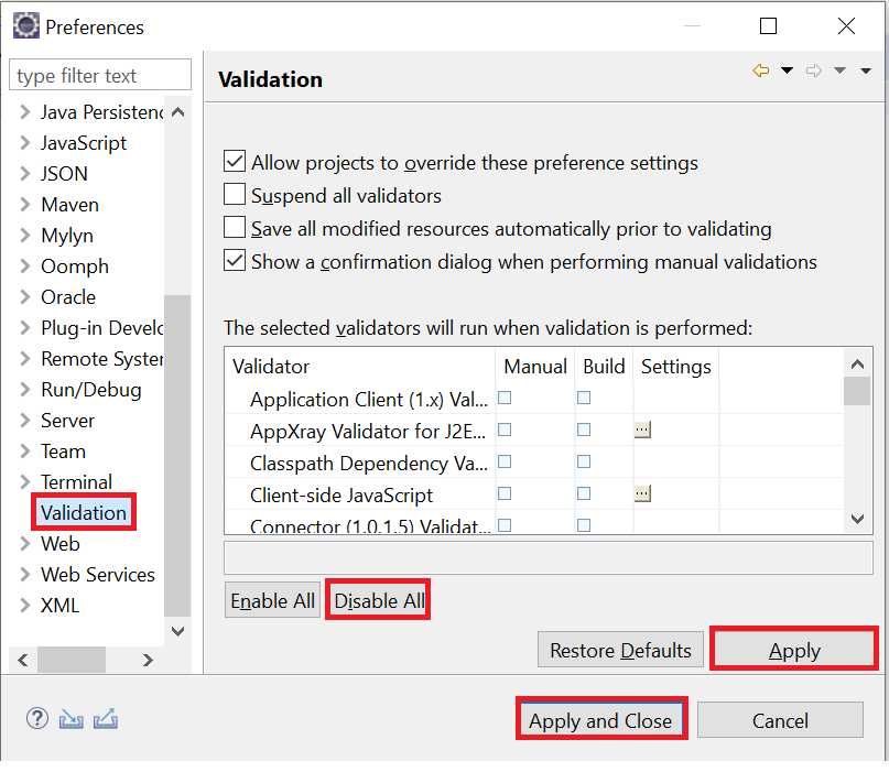 Eclipse settings for Validation